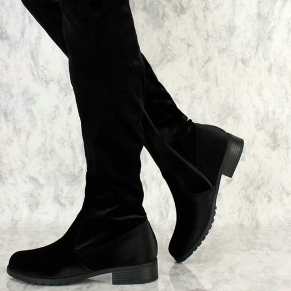 forever Shoes - NWT black VELVET flat THIGH HIGH boots